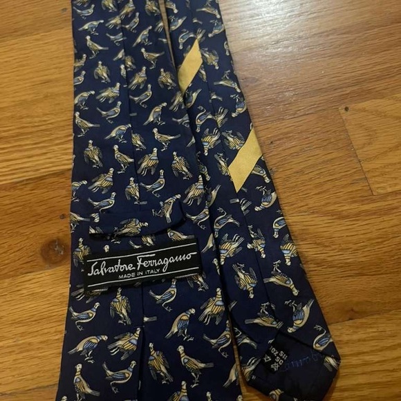 Salvatore Ferragamo Blue Tie with Bird and Gold Accents